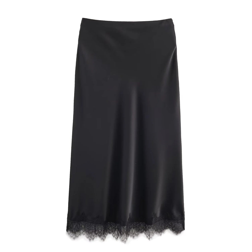 SAW Independent Station Sexy Lace Patchwork Satin Feel Mini Skirt Autumn Fashion Trendy Polyester Fiber Long A-Line Skirt