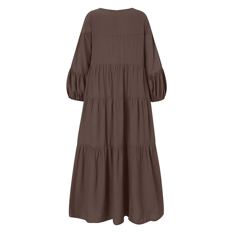 ZANZEA Vintage Ruffle Dress Women's Spring Sundress Casual Puff Sleeve Maxi Vestidos Female V Neck Robe Elegant Long Dresses