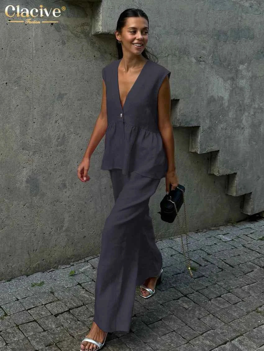 Clacive Summer Loose Pink Cotton 2 Piece Set Women Outfit 2025 Fashion Sleeveless Tank Top With High Waist Wide Pants Set Female