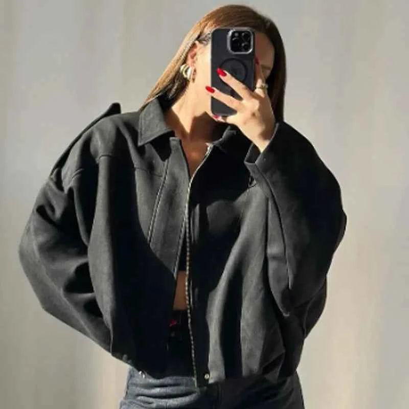 HXAO Suede Cropped Jacket Women's Bomber Jacket Oversized Batwing Sleeves Outerwears Lady Casual Loose Coat Street Style Jackets