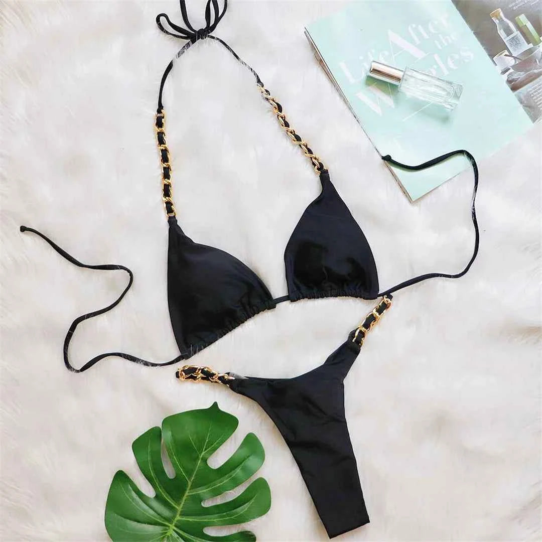 Metal Ring Halter Scrunch Butt Thong Bikini Women Swimwear Female Swimsuit Two-pieces Bikini set Bather Bathing Suit Swim V4391