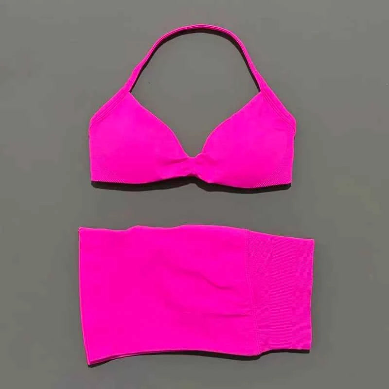 HISTELLO Gym Set 2 Piece Women Strappy Yoga Bra Top Workout Scrunch Shorts Sports Suit Fitness Clothes Seamless Yoga Set