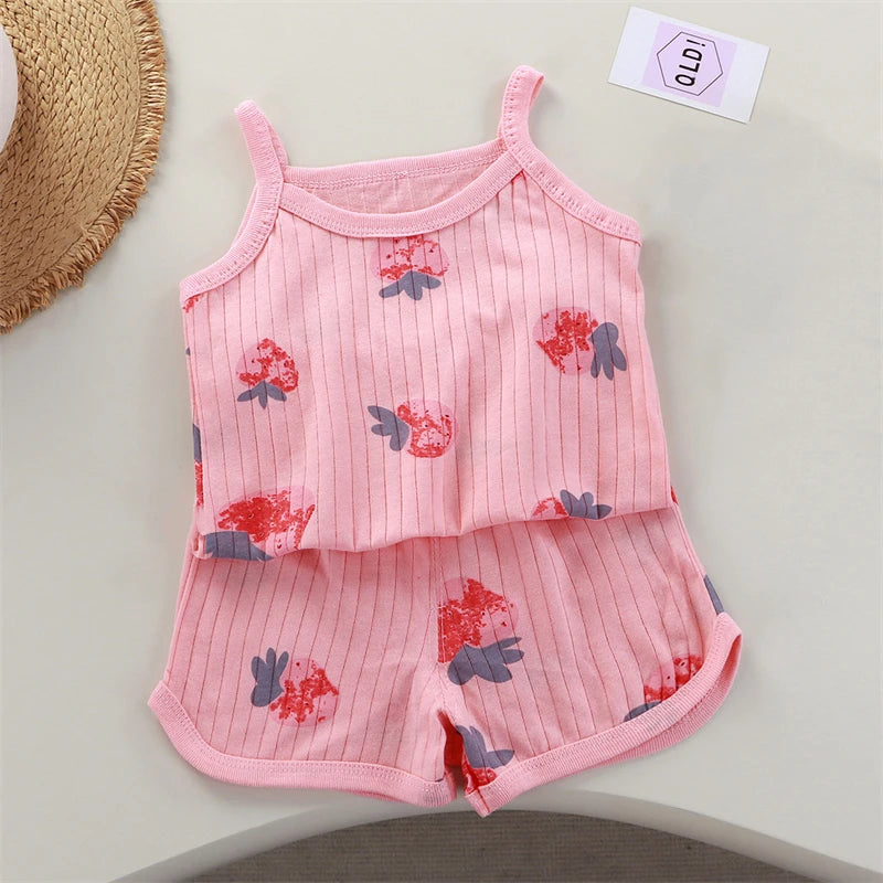 2026 New Kids Tops+shorts Set Summer Thin Baby Cotton Vest Sleeveless Loungewear Set for Girls Suit