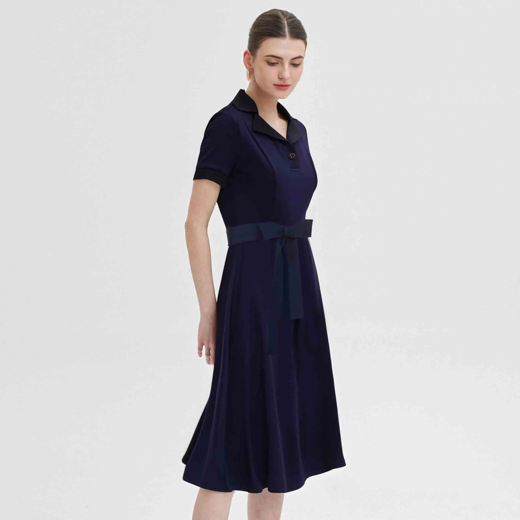 Fashion Women Shirt Dress Elegant High Waisted V Neck Short Sleeve Bow Belt Office Ladies Dresses 2025 Summer Solid Dress