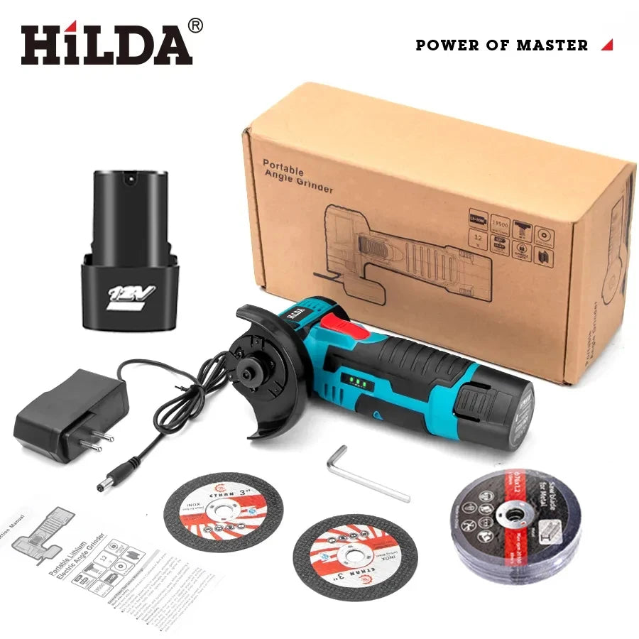 HILDA 3 inch 12V Miniature Rechargeable Angle Grinder with Battery Cutting Blade Polishing Grinder for Cutting Diamond Cordless