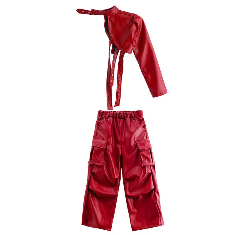Kid Hip Hop Clothing T Shirt Crop Top Wine Red Arm Sleeve Faux Leather Casual Cargo Pants for Girl Jazz Dance Costumes Clothes
