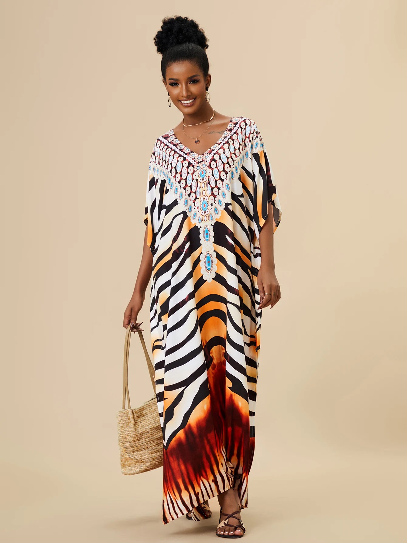 EDOLYNSA 2023 Bohemian Printed Loose Kaftan Casual Summer Vacation Maxi Dress Women Clothing Beach Wear Swim Suit Cover Up Q1469