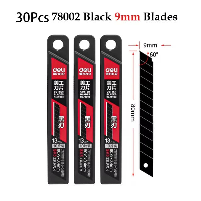 Deli Heavy Duty Utility Knife Sharp Black SK5 Carbon Steel Blades 9mm/18mm/Auto-Retractable Box Cutter for Cardboard Cartons