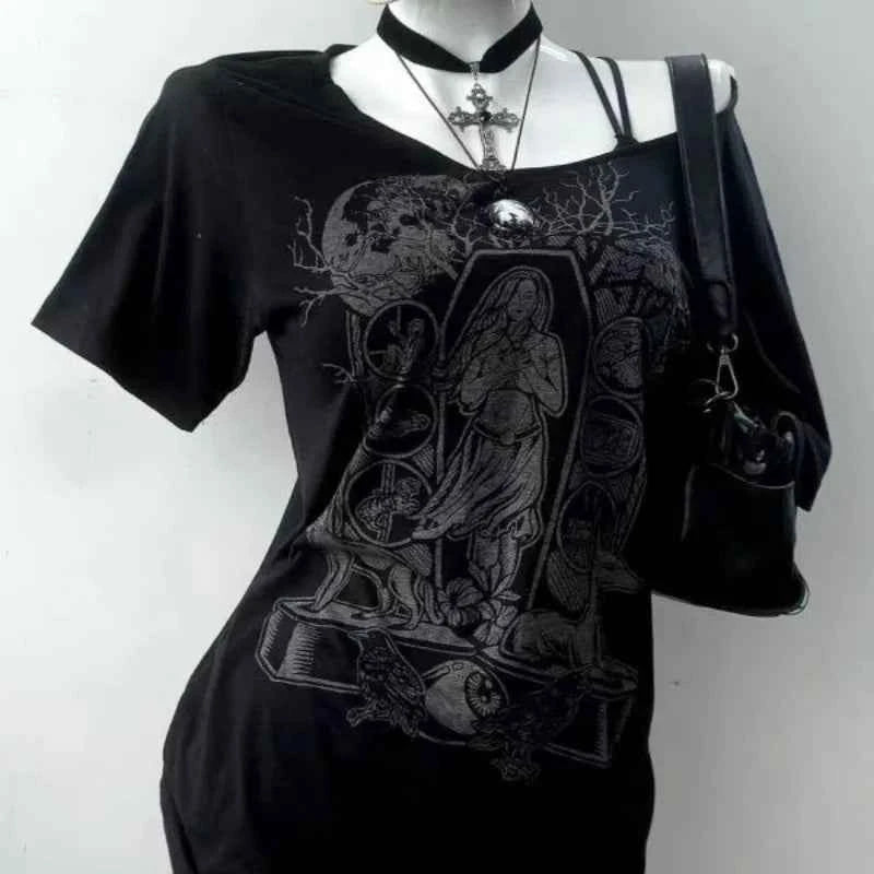 Vintage Gothic Prints Black T-Shirt Women Y2K Harajuku Fashion Punk Off-shoulder Sling Sexy Slim Summer Casual Trendy Top