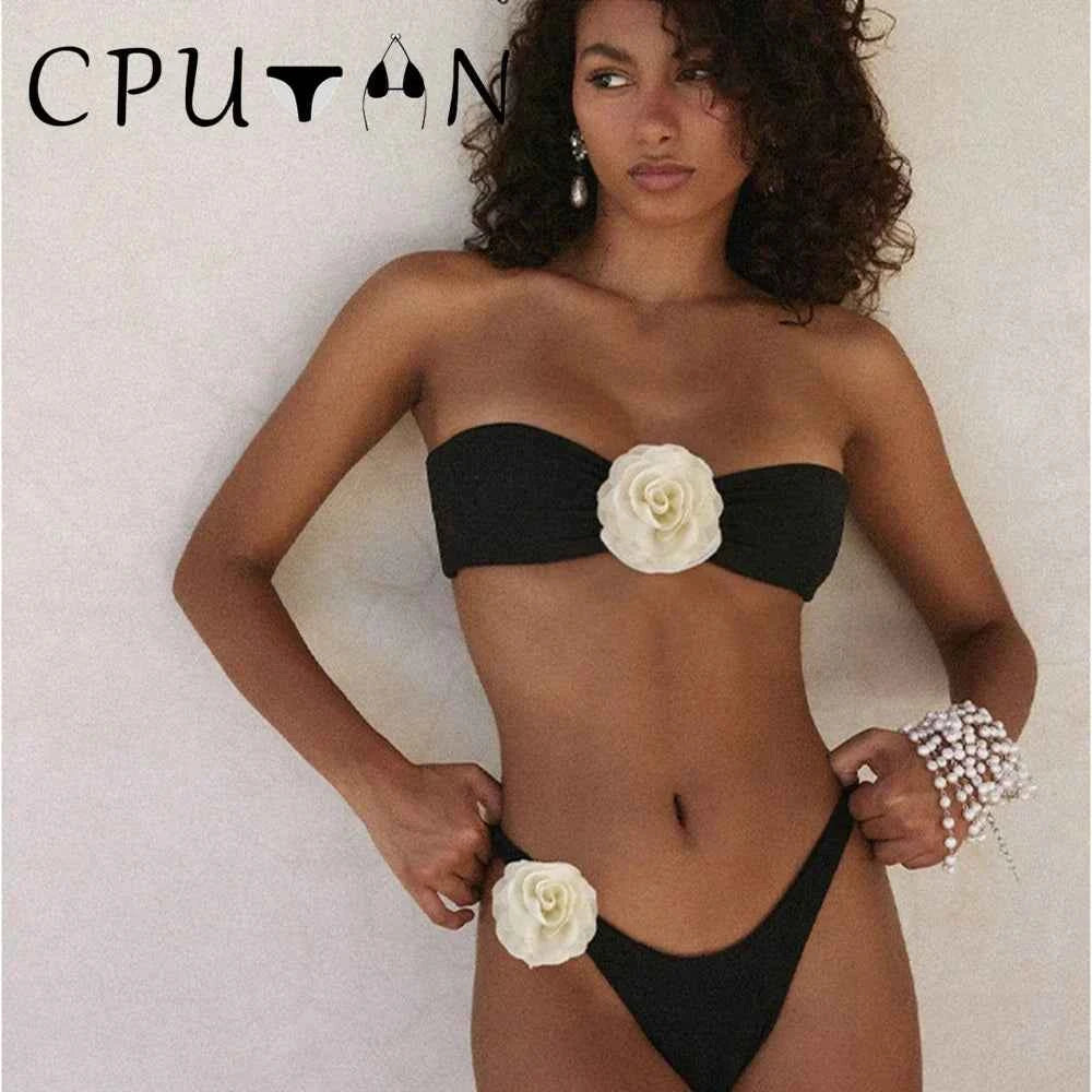 2026 New Sexy White 3D Flower Solid Two Piece Push Up Bikini Set Luxury Swimwear Women Swimsuit Beachwear Summer Bathing Suit