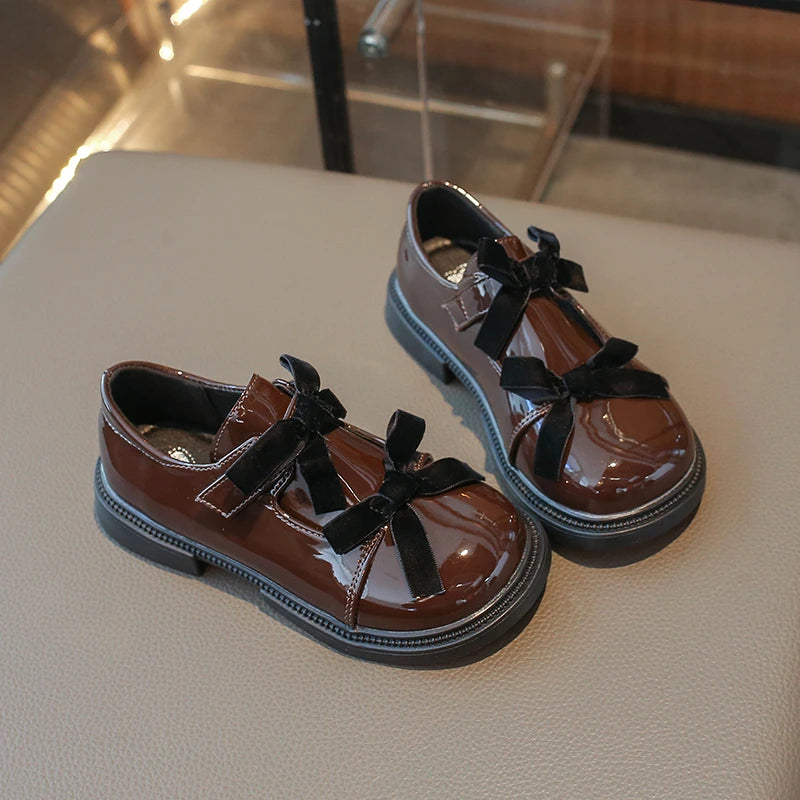 Chic Girls Black Mary Jane Shoes with Double Bowknot Spring Autumn Kids Princess Leather Shoe Fashion Causal Children Flat Shoes