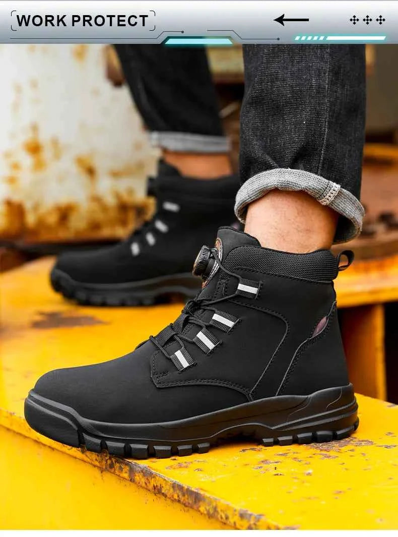 Leather Non Slip Work Boots for Men Rotating Button Safety Shoes Steel Toe Sneaker Male Puncture Proof Protective Boots