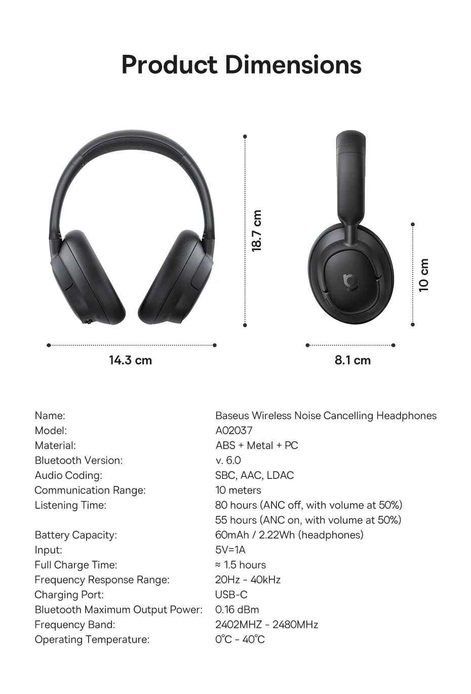 Baseus Bass EH10 NC Wireless Headphones Bluetooth 6.0 Noise Canceling 45dB Over Ear HeadsetSpatial Audio Earphone 80H Time
