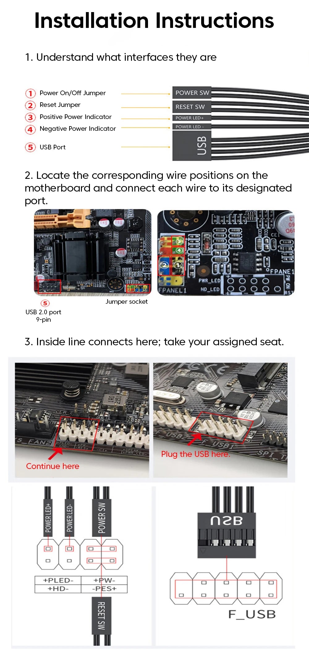 1.7m Computer External Switch +Restart+USB 2.0 PC Desktop Computer Power Control Cable USB Ports External Mouse Keyboard U Drive