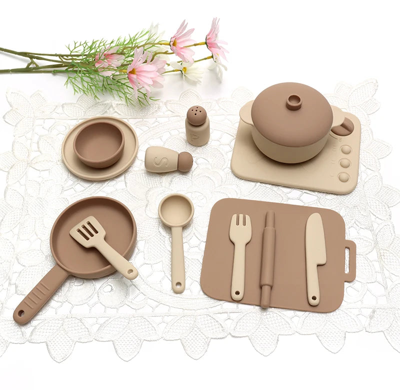 Kids Pretend Play Kitchen Toys, Food-Grade Silicone Dish Set, Realistic Mini Cooking Toys with Bowls, Plates, Pots for Toddlers