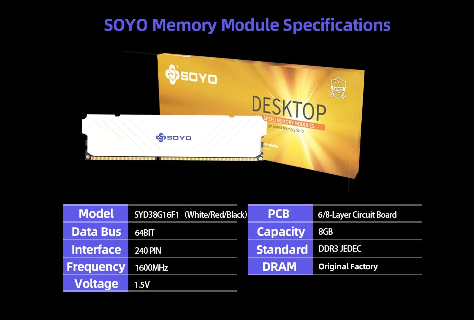 SOYO Memoria Ram DDR3 8GB Desktop 1600 Mhz DIMM Memory Module Ram For Intel & AMD 64Bit 240Pin 1.5V PC3-12800 PC Gameing
