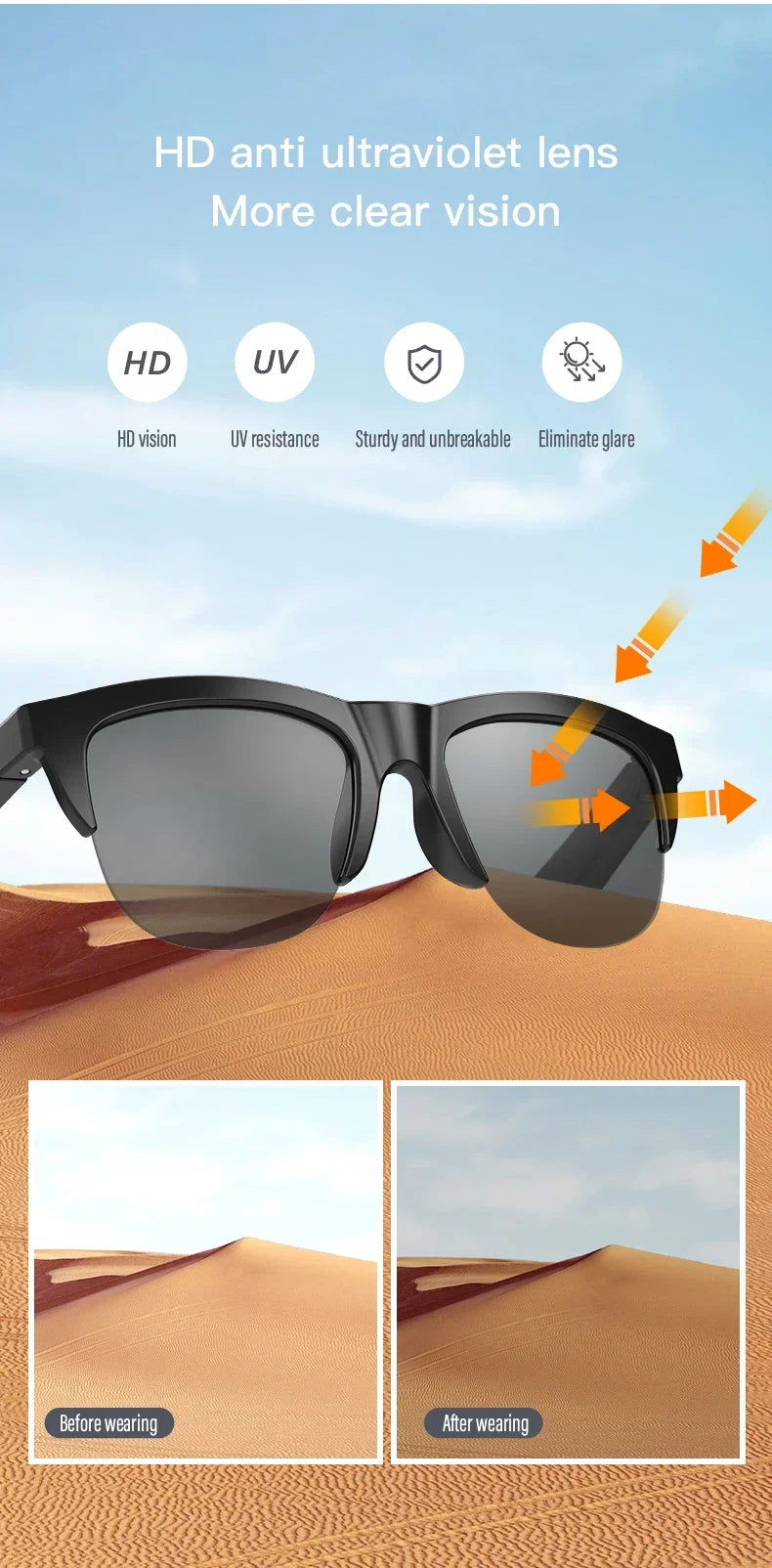 New Smart Bluetooth V5.3 Sunglasses Glasses Call Outdoor Sports Headphones HIFI Black Technology Anti-touch UV For Men And Women