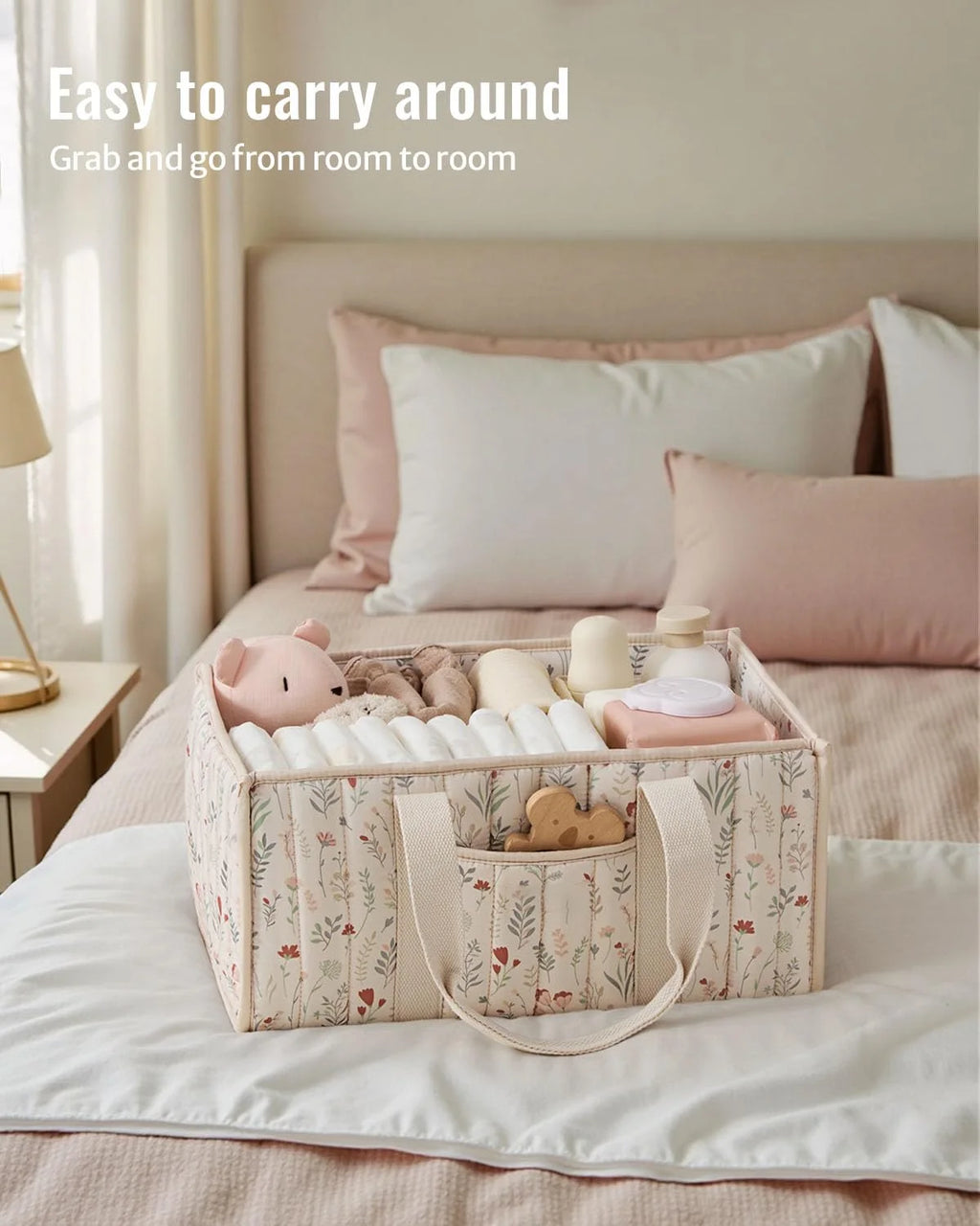Diaper Caddy Organizer, Stylish Nursery Storage Basket, Gift for Baby Shower, Newborn Essentials, Floral Beige