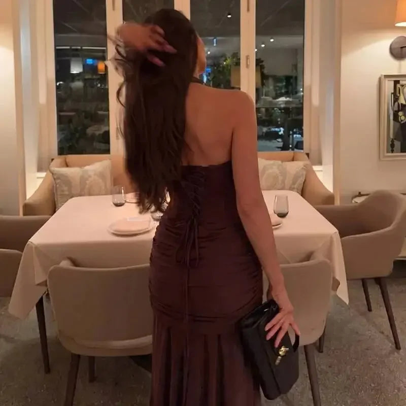 Sexy Backless Lace Up Halter Neck Maxi Dress Women Sleeveless Ruched Waist Draped Bodycon Dresses Party Evening Cocktail Robes
