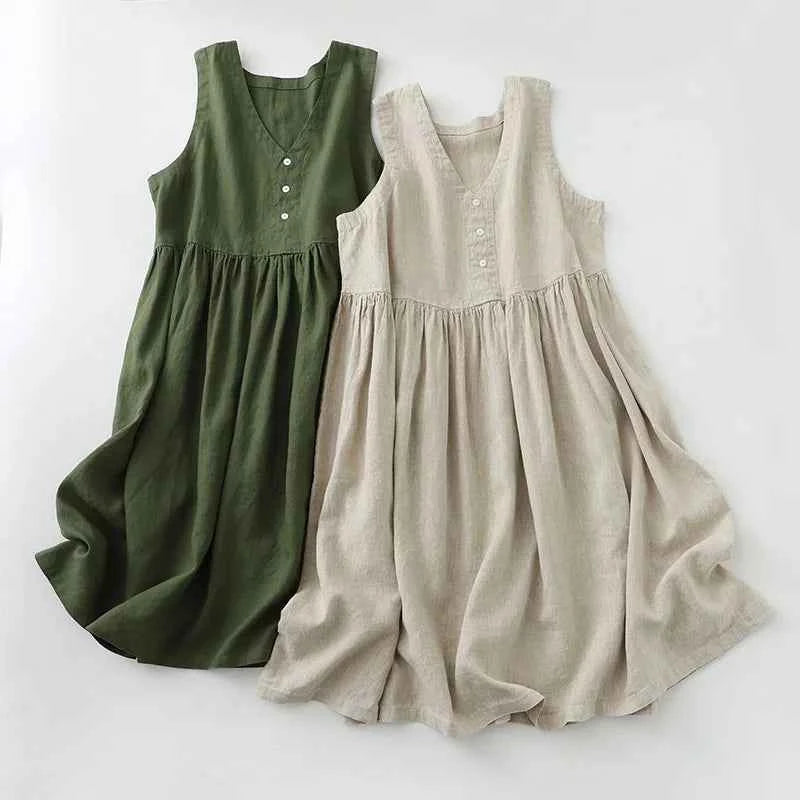 2026 New Women's Cotton Linen Sleeveless Dress Casual V Neck Button Down Loose Midi Dresses for Summer Women's Casual Dresses