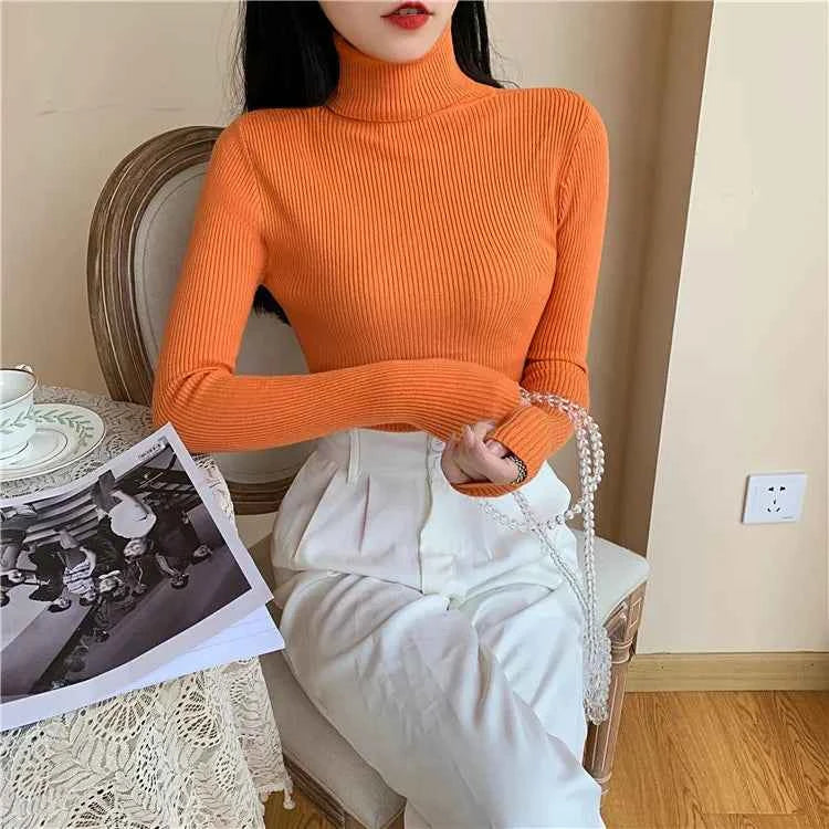 2026 Autumn Winter Women Long Sleeve Knitted Foldover Turtleneck Ribbed Pull Sweater Soft Warm Femme Jumper Pullover Clothes