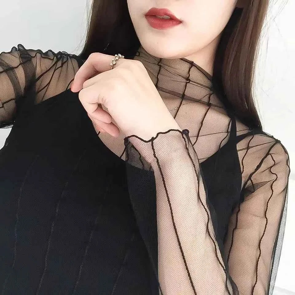 Spring Summer Women Sexy Black Mesh Tops Bottoming T Shirts Transparent Sheer Blouses Turtleneck Streetwear Tees Sunscreen Top