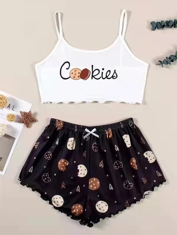 Summer Silk Satin Pyjama Pajamas for Women Sexy Sleepwear Sling Top Shorts Pajama Set Cartoon Pattern Printing 2-Piece Homewear