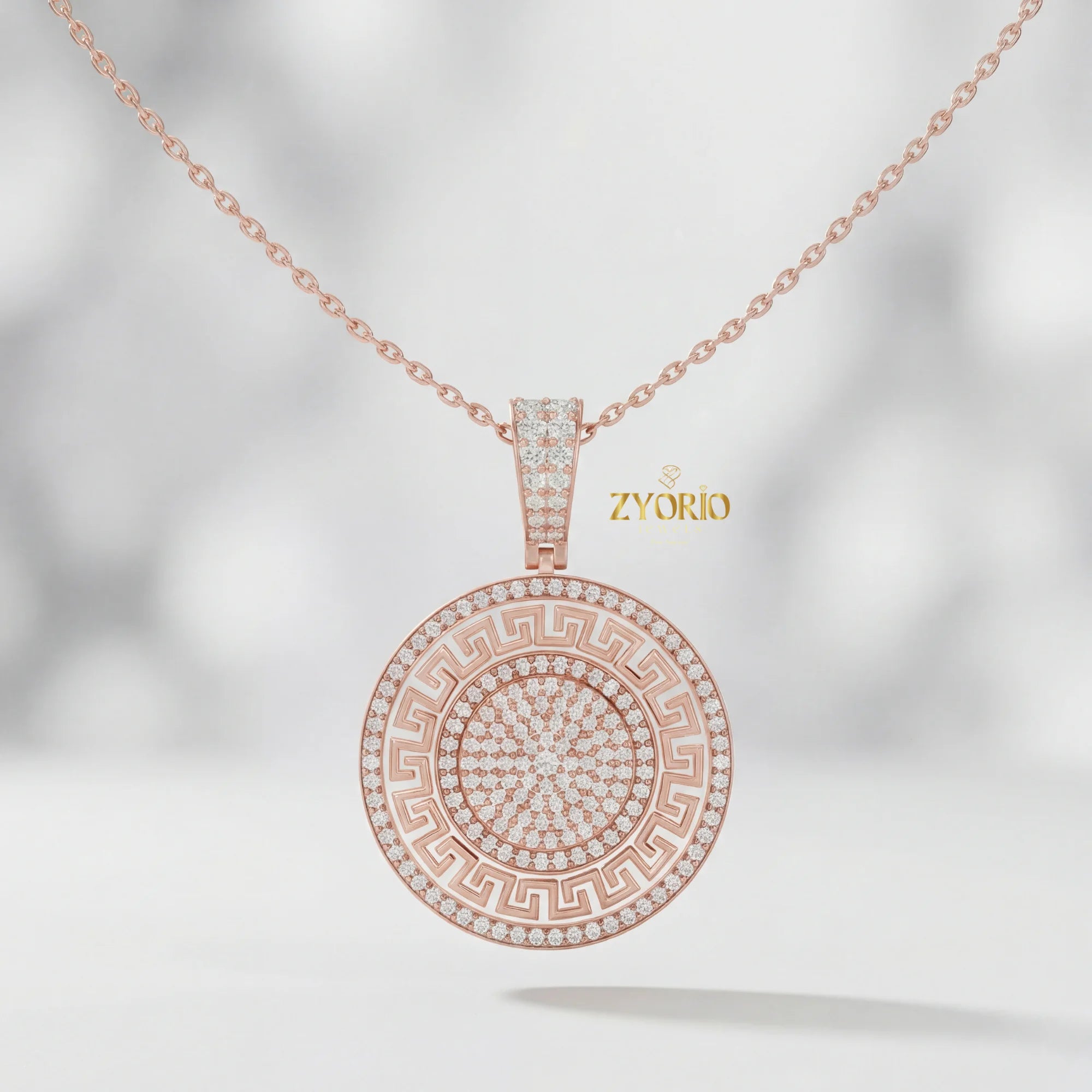 Gold Plated Greek Key Diamond Medallion Link Chain Pendant Luxury Engagement Wedding Anniversary Party Jewelry