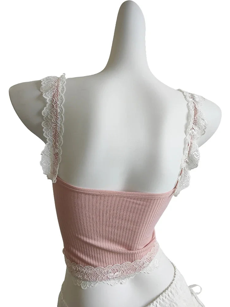 Sweet Crop Top Women Lace Trim Cotton Cropped Bows Bead Decoration Pink White Cute Camis Sweet Girls Lolita Style Kawaii Clothes
