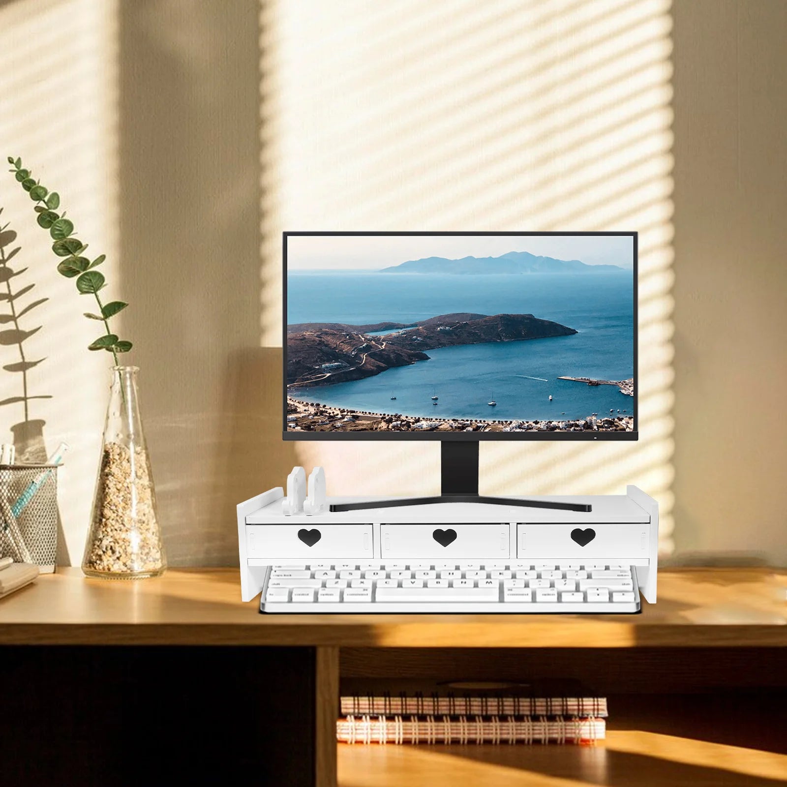 Computer Monitor Riser Keyboard Storage Desktop Organizer Drawer Type Office Desk Stand PVC Wood Plastic Composite