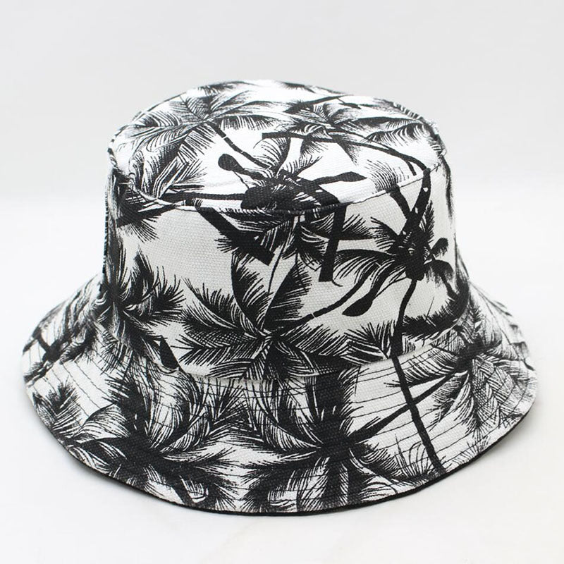 Unisex Reversible Double Sided Black Coconut Tree Printed Fisherman Caps Bucket Hats Men Women Outdoor Travel Visor Hiking Hat