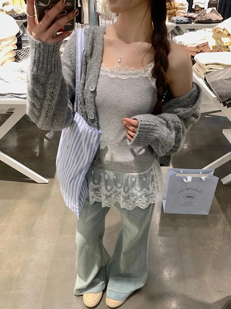 Lace Undershirt Ruffle Patchwork Hem Cami 2025 Sexy Top Women's Long Sleeveless T-Shirt Camisole Y2K Korean Gray Cotton Camis