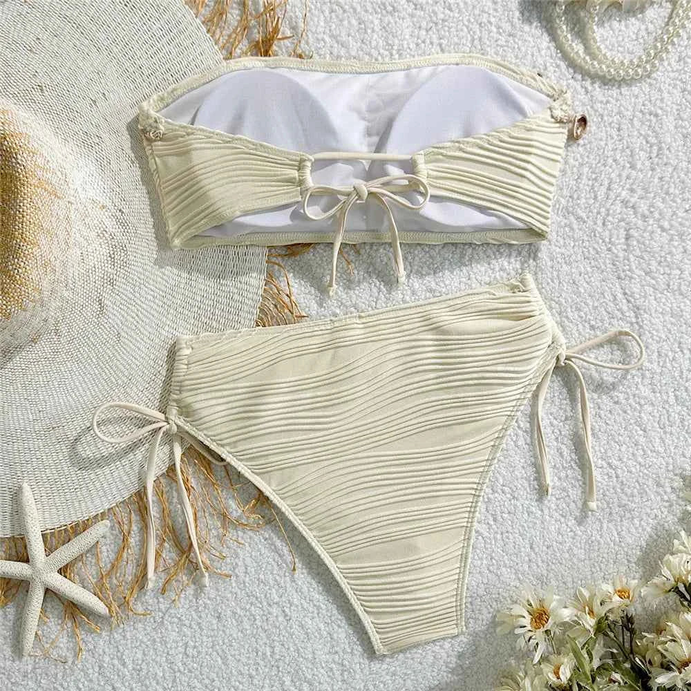 Shell Starfish Edge Bandeau Bikinis Sets Yellow Texture Solid Swimwears Sexy Swimsuit Women 2026 Lace-up Bathing Suit Bikini