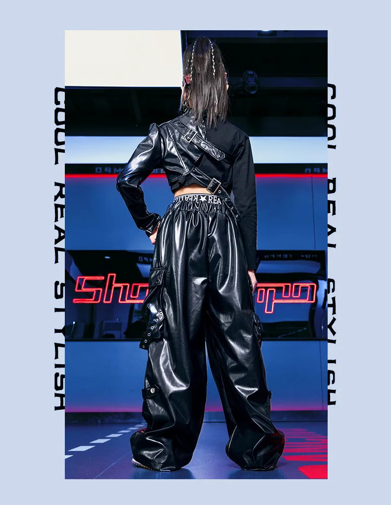 Kid Hip Hop Clothing T Shirt Crop Top Wine Red Arm Sleeve Faux Leather Casual Cargo Pants for Girl Jazz Dance Costumes Clothes