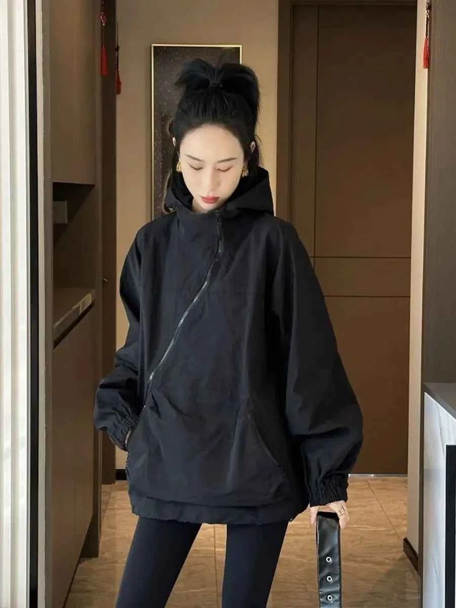 Women Hooded Jackets Diagonal Zipper Design Vintage Autumn Baggy Fashion BF Style Outdoor Chaqueta Mujer Leisure All-match Lady