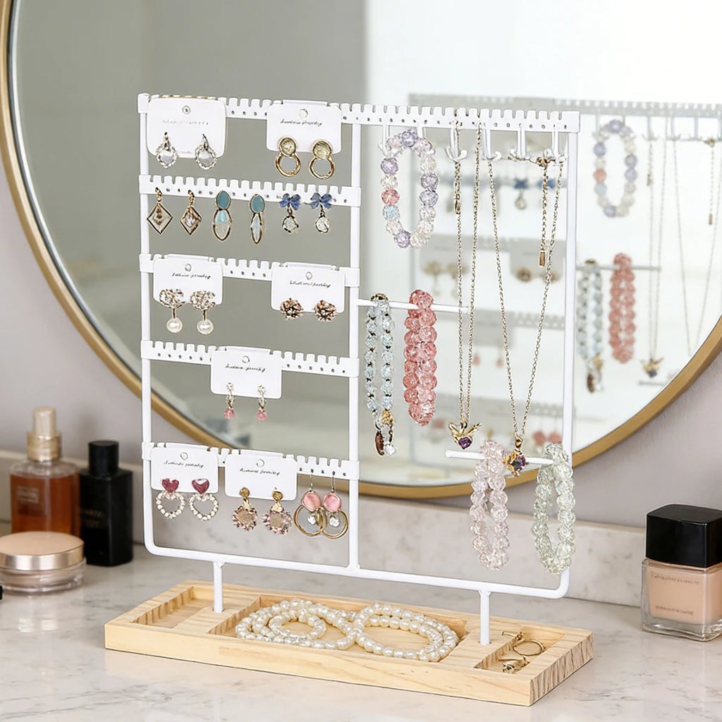 Metal Jewelry Organizer Stand with Wooden Tray - Multi-Functional Storage for Earrings, Necklaces, Bracelets & Rings