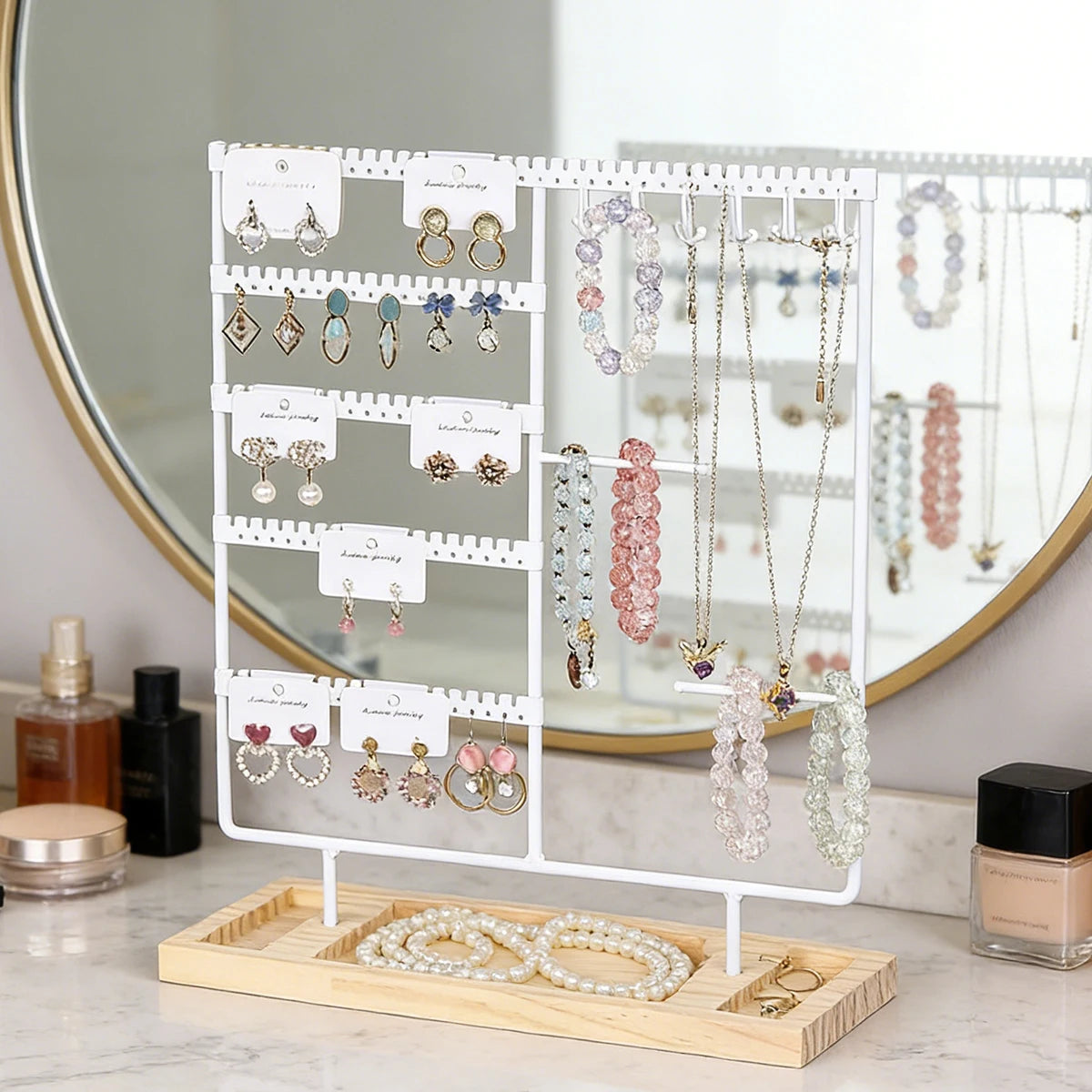 Metal Jewelry Organizer Stand with Wooden Tray - Multi-Functional Storage for Earrings, Necklaces, Bracelets & Rings