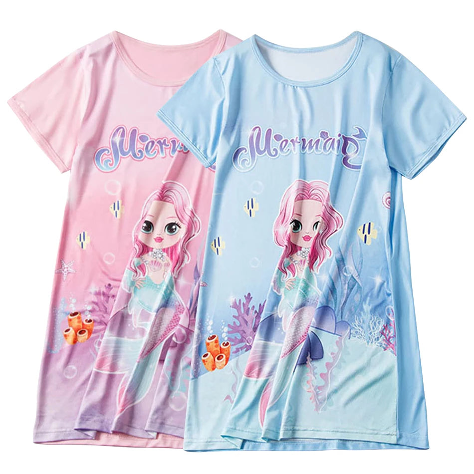 Girl Mermaid Dress Children Short Sleeve Summer Princess Dress Breathable Cartoon Print Girls Soft Silk Nightgown Kids Sleepwear