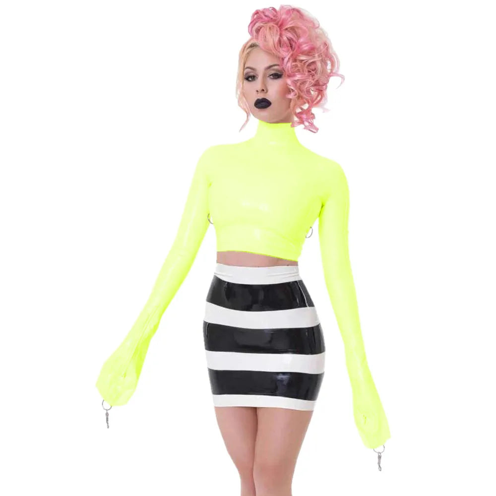 Sexy Crop Tops with Finger High Neck, Slim Skinny Leather, PVC Short Shirts, Vinyl Sexy Top with Lock Key, Club Night