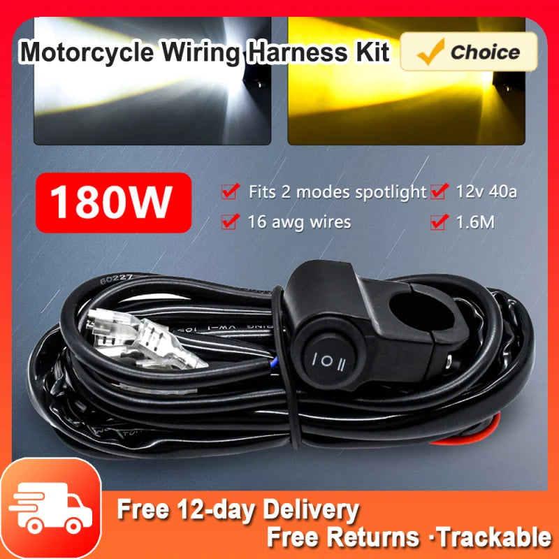 LED Light Bar Wiring Harness Kit 180W 3 Leads 16 AWG LED Motorcycle Wiring Harness with 12V 40A Relay and Control Switch