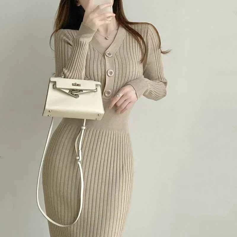 Autumn Winter Sweater Dress For Women 2024 New Arrivals Buttons Up V Neck High Waist Long Knitted Dress Korean Maxi Dresses