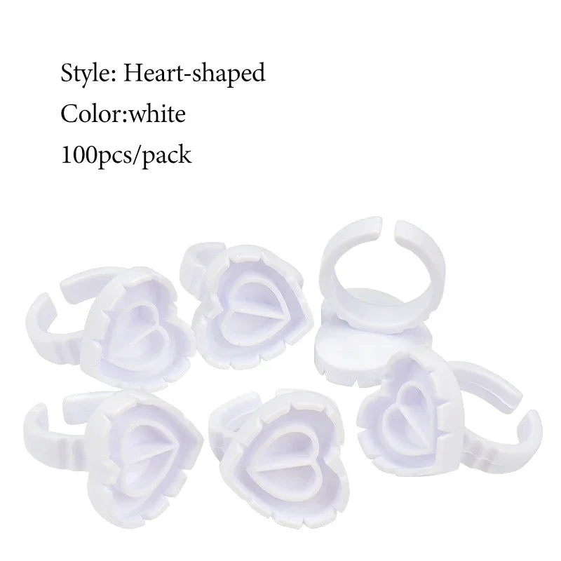 100 PCS Disposable Heart-shaped Plastic Glue Ring Cup Eyelash Extension Tattoo Pigment Holder Pallet Lash Makeup Supplies Tools
