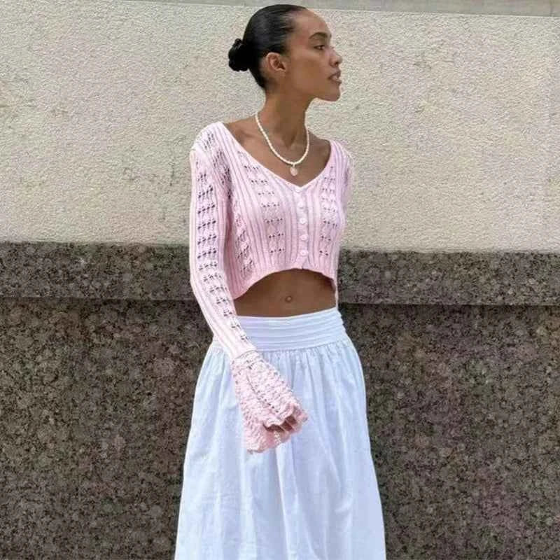 Trendix Summer Knit Long Sleeve Cardigan For Women V Neck Solid Bodycon Hollow Out Short Tops Party Club Slim Vacation Top Femme