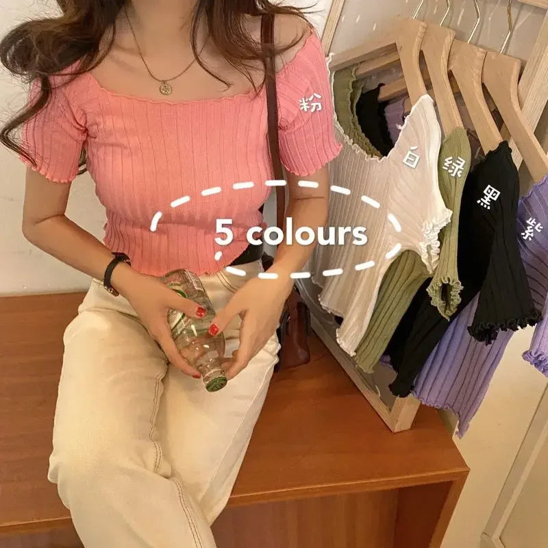 Off The Shoulder Top Women Knitted Sexy Short Sleeve Slim Fit T-Shirts Crop Top Y2k Top Summer Clothes Korean Casual Tees Female