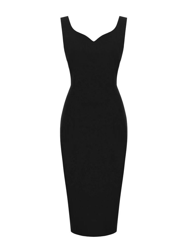 Tonval Sweetheart Neck Sleeveless Office Midi Pencil Dresses for Women 2023 Vintage Red Solid Elegant Slim Bodycon Dress
