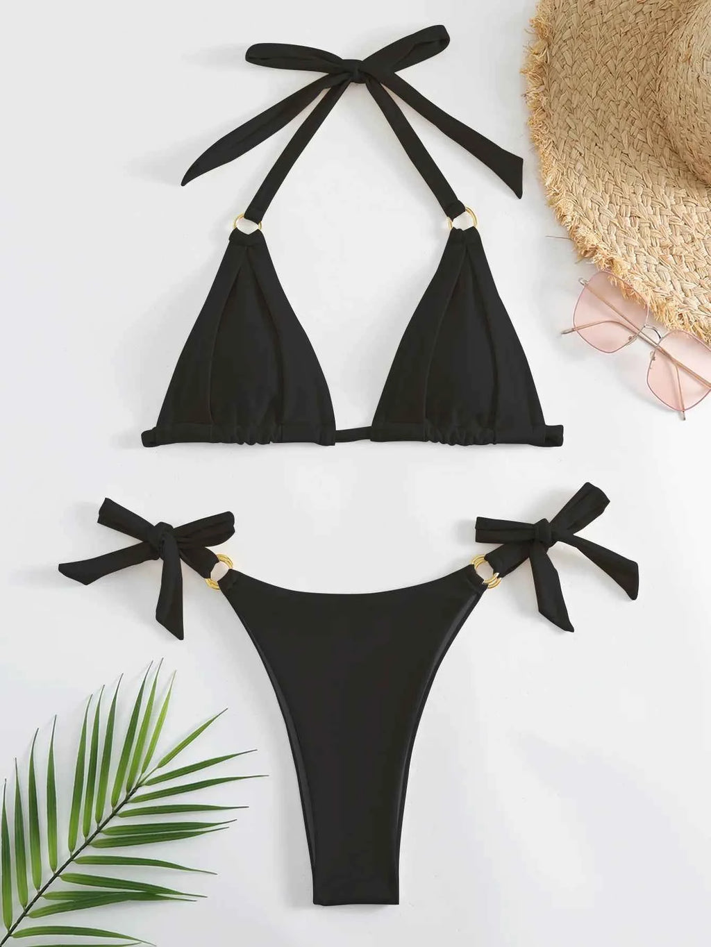 Micro Bikini Sexy Women Swimsuit 2024 Solid Beige Halter Ring Linked Push Up Mini Bikinis Summer Bathing Suit Thong Swimwear