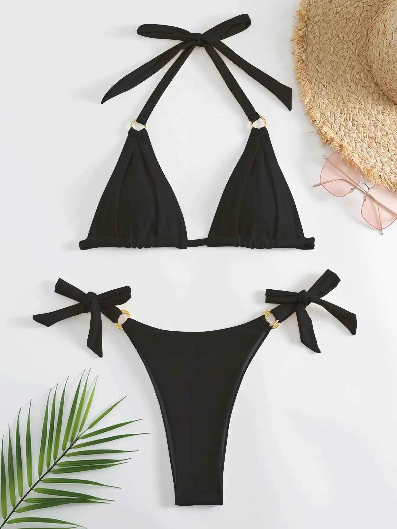 Micro Bikini Sexy Women Swimsuit 2024 Solid Beige Halter Ring Linked Push Up Mini Bikinis Summer Bathing Suit Thong Swimwear