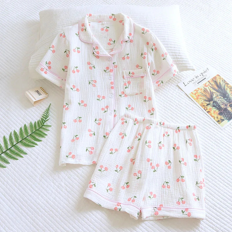 2025 Summer Women Pajamas Cute Tulip  Printing Sleepwear 100% Cotton Gauze Female 2 Piece Set  Nightwear Pyjamas Loungewear