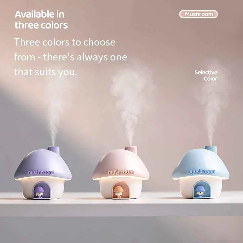 Cartoon Air Humidifier 300ml Mini Essential Oil Aroma Diffusers Colorful Lighting Cute Mushroom House Home Ultrasonic Humidifier