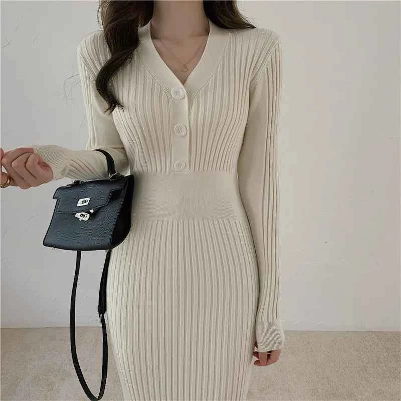Autumn Winter Sweater Dress For Women 2024 New Arrivals Buttons Up V Neck High Waist Long Knitted Dress Korean Maxi Dresses